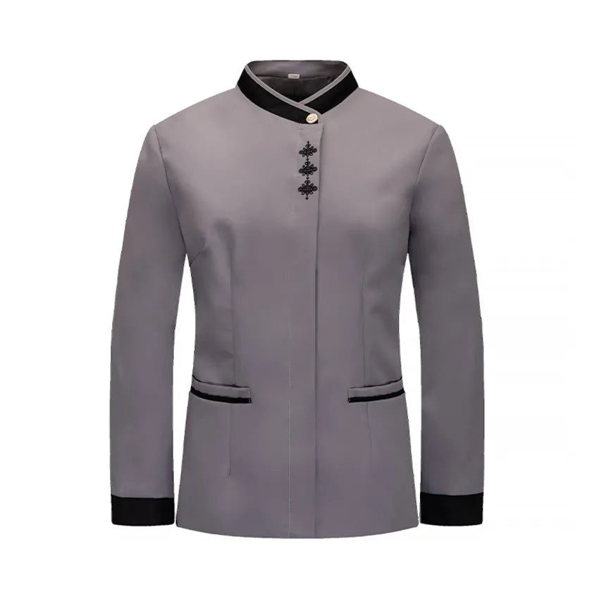 訂做酒店清潔員制服 設計長袖V領撞色袖口清潔服H20-C21-897