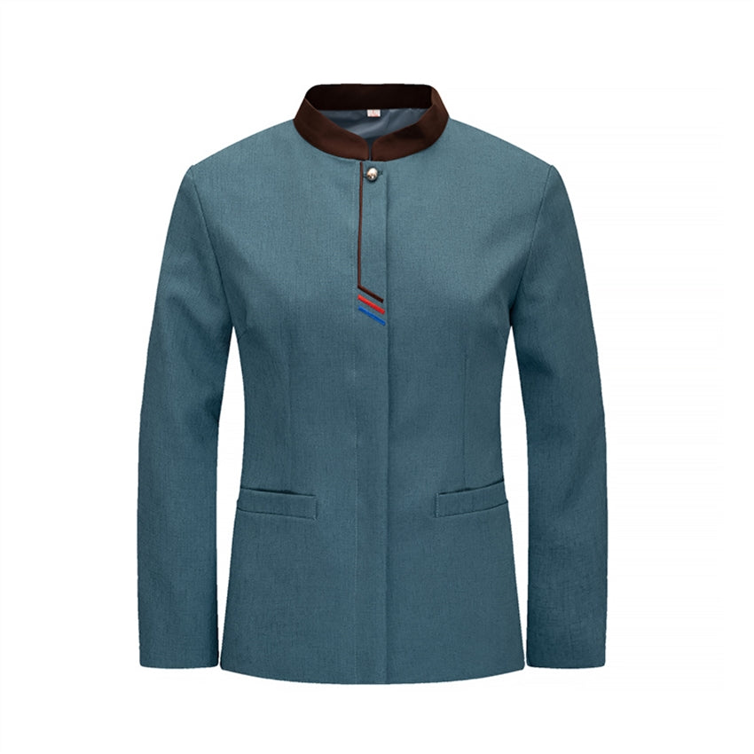 訂做酒店清潔服 設計間條撞色立領長袖清潔服中心 H20-C21-8011