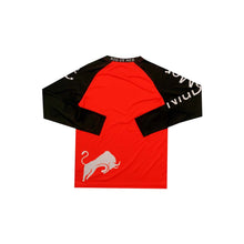 將圖片載入圖庫檢視器 T1061 訂做熱升華長袖牛角袖T恤 設計熱升華logo 黑色撞紅色 V領 熱升華工廠
