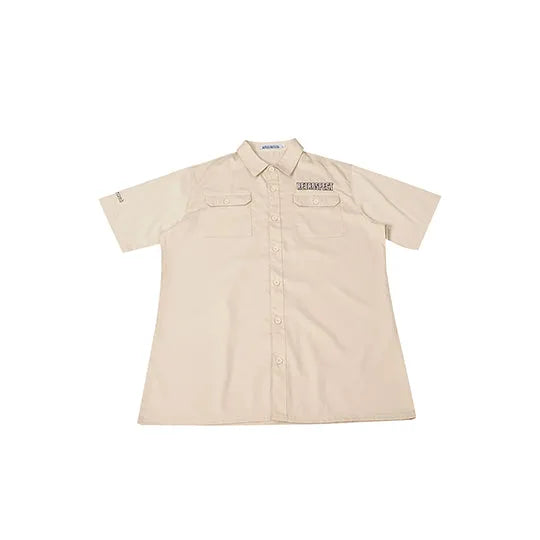 澳門 製造男裝短袖恤衫繡花訂做翻領斜紋呢米黃色恤衫制服 R333