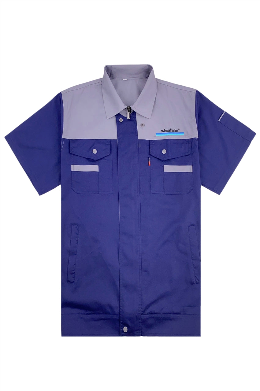 設計灰色撞色寶藍色工業制服 訂製個人設計啪鈕拉鏈橡筋工業制服 D383