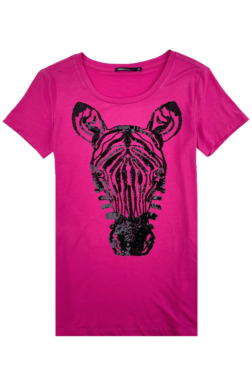 設計女裝T恤珠片斑馬logo 訂製玫紅色純色T恤   T1105