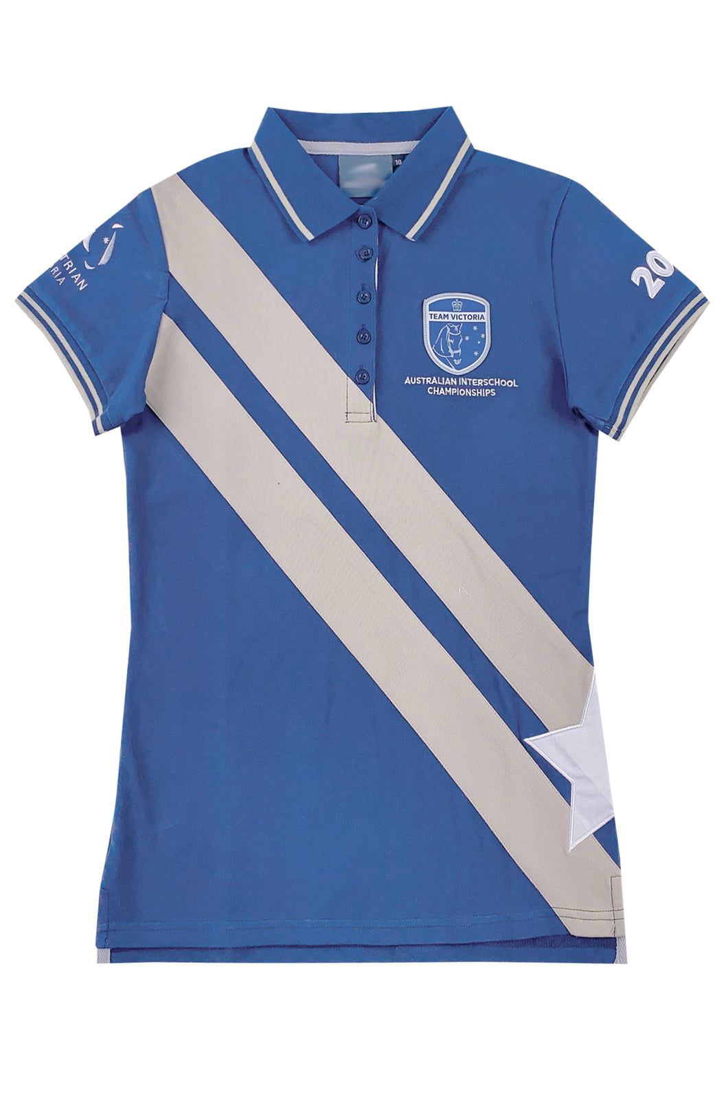 自訂寶藍色女裝短袖Polo恤   設計撞色間條貼布   P1554