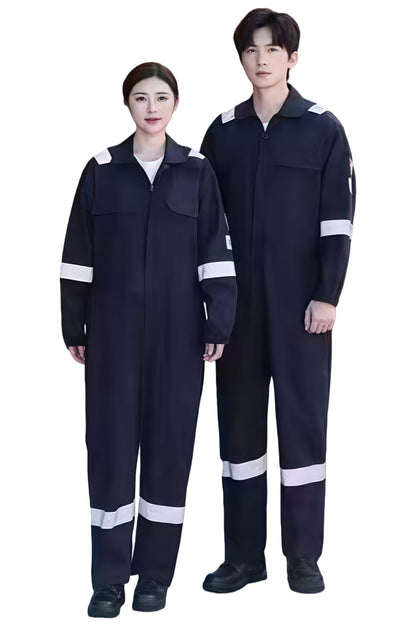 【設計純棉阻燃連身衣】｜全環紡純棉阻燃300g｜香港現貨｜通過標準：EN11612｜翻領設計｜長袖剪裁｜肩臂褲腳反光條｜反光工作服｜阻燃工作服批發 SKWK263-HEBI-HONGTUO-LZ300