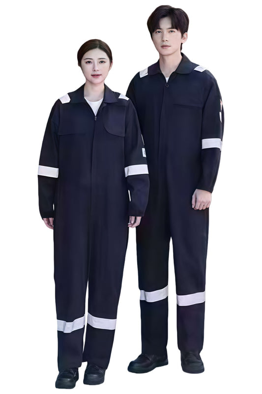 【設計純棉阻燃連身衣】｜全環紡純棉阻燃300g｜香港現貨｜通過標準：EN11612｜翻領設計｜長袖剪裁｜肩臂褲腳反光條｜反光工作服｜阻燃工作服批發 SKWK263-HEBI-HONGTUO-LZ300