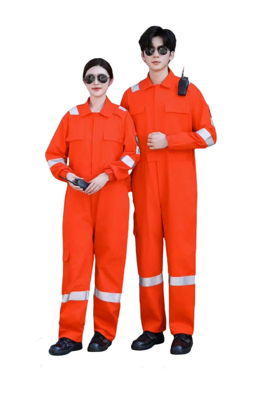 【設計純棉阻燃連身衣】｜全環紡純棉阻燃300g｜香港現貨｜通過標準：EN11612｜翻領設計｜長袖剪裁｜肩臂褲腳反光條｜反光工作服｜阻燃工作服批發 SKWK263-HEBI-HONGTUO-LZ300