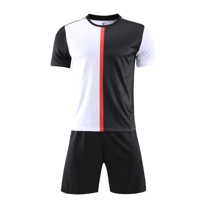 訂造熱身賽足球服  印製拼接色圓領短袖足球訓練套裝服供應商  139-E056