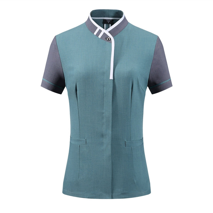 訂購家政清潔服  時尚設計間條領短袖清潔服 H01-2020-12