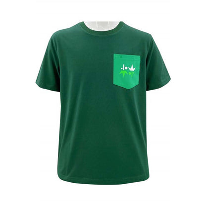 T1071 設計印花綠色圓領T恤 訂做胸前有袋T恤 左胸袋 卡通印花