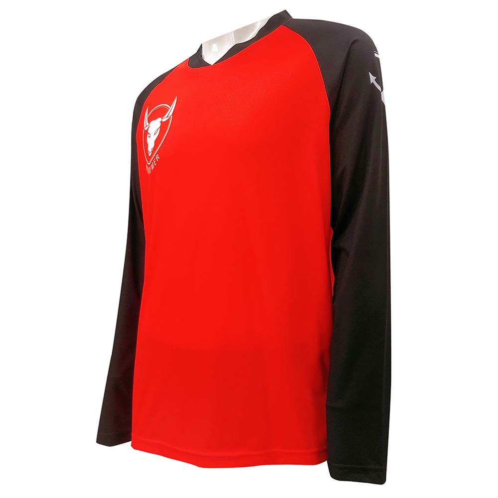 T1061 訂做熱升華長袖牛角袖T恤 設計熱升華logo 黑色撞紅色 V領 熱升華工廠