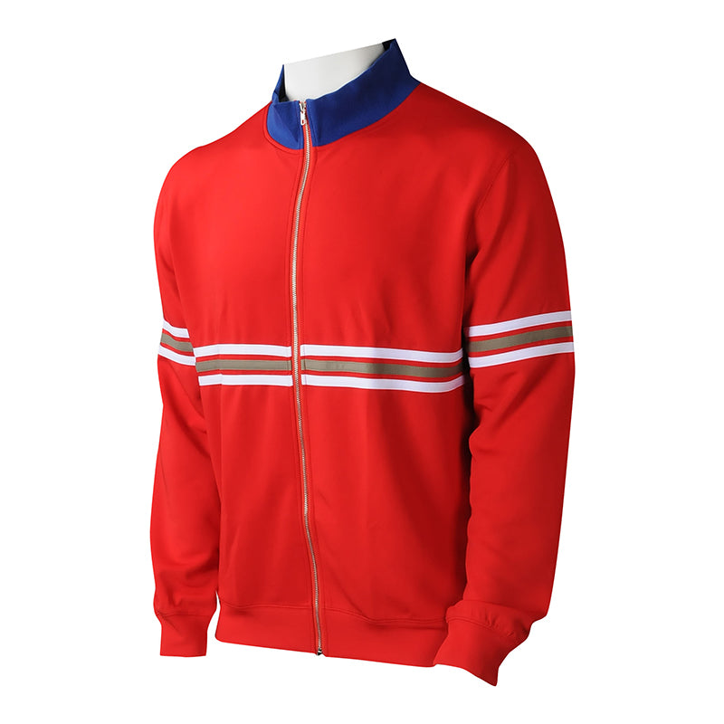 J913 供應紅色拉鏈外套 設計撞色領運動外套繡花 運動外套供應商 街頭時裝 hip hop外套