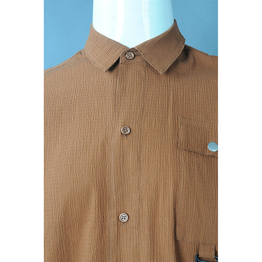 澳門 個人設計皺紋布男裝長袖仿麻棕色100%棉 韓版寬鬆恤衫 R330